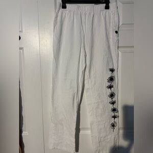 White Linen Pants with Black Floral Embroidery